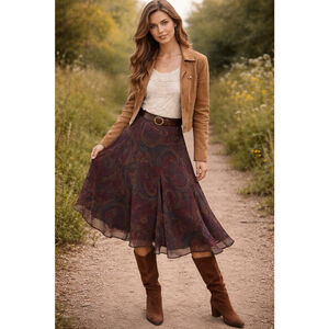 Chaps Ralph Lauren Paisley Flowy Brown Skirt Size 14 Y2K Academia Forest Fairy